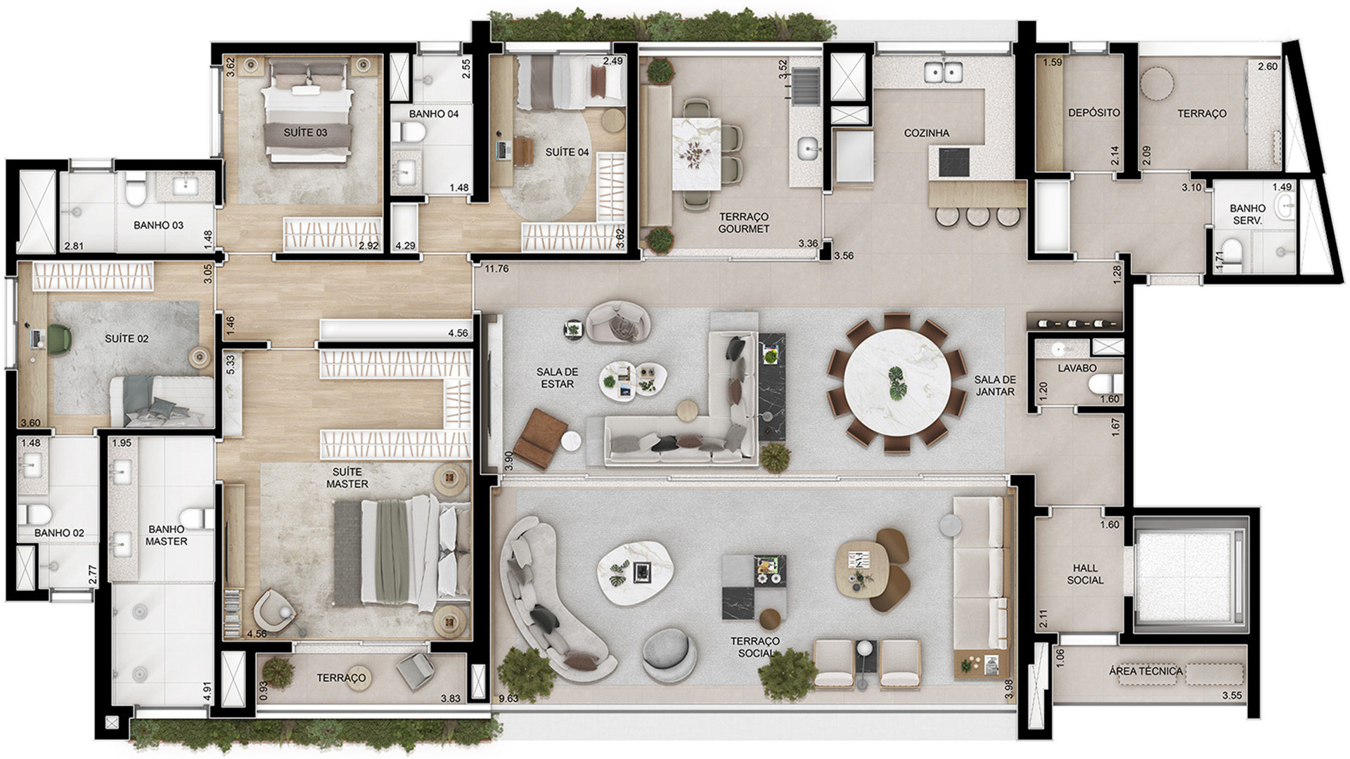 262m² - Planta Opção 1 - Cozinha aberta com ilha e depósito aberto