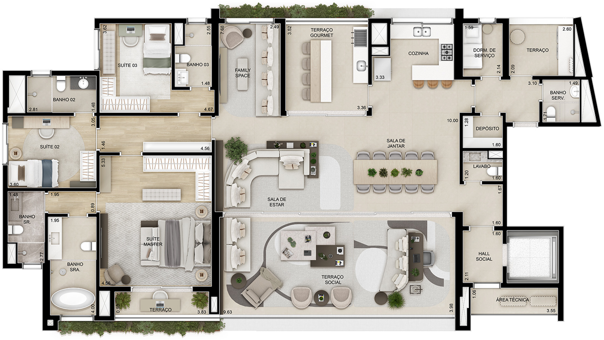 262m² - Planta Opção 3 - Decorado - Cozinha aberta com ilha, family space e suíte master com banho Sr. e Sra.