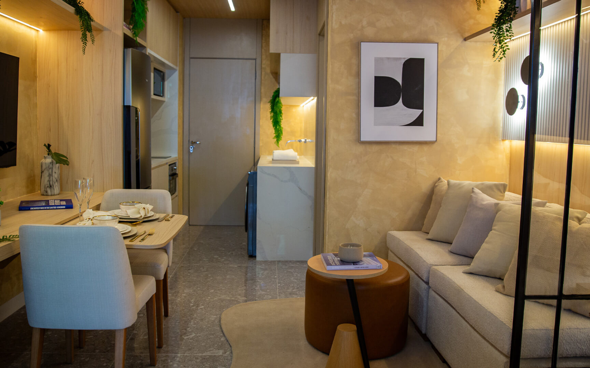 Living - bancada da copa entregue em granito e banheiro entregue em aglostone branco