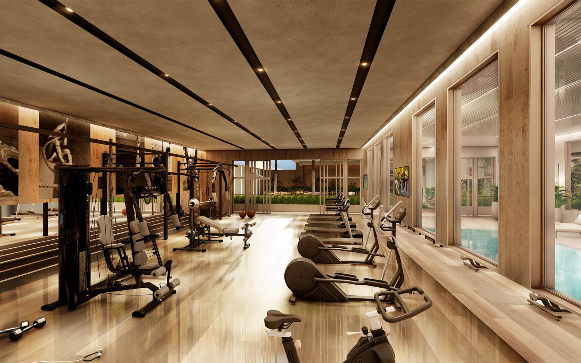 Fitness com equipamentos high tech e pé-direito especial