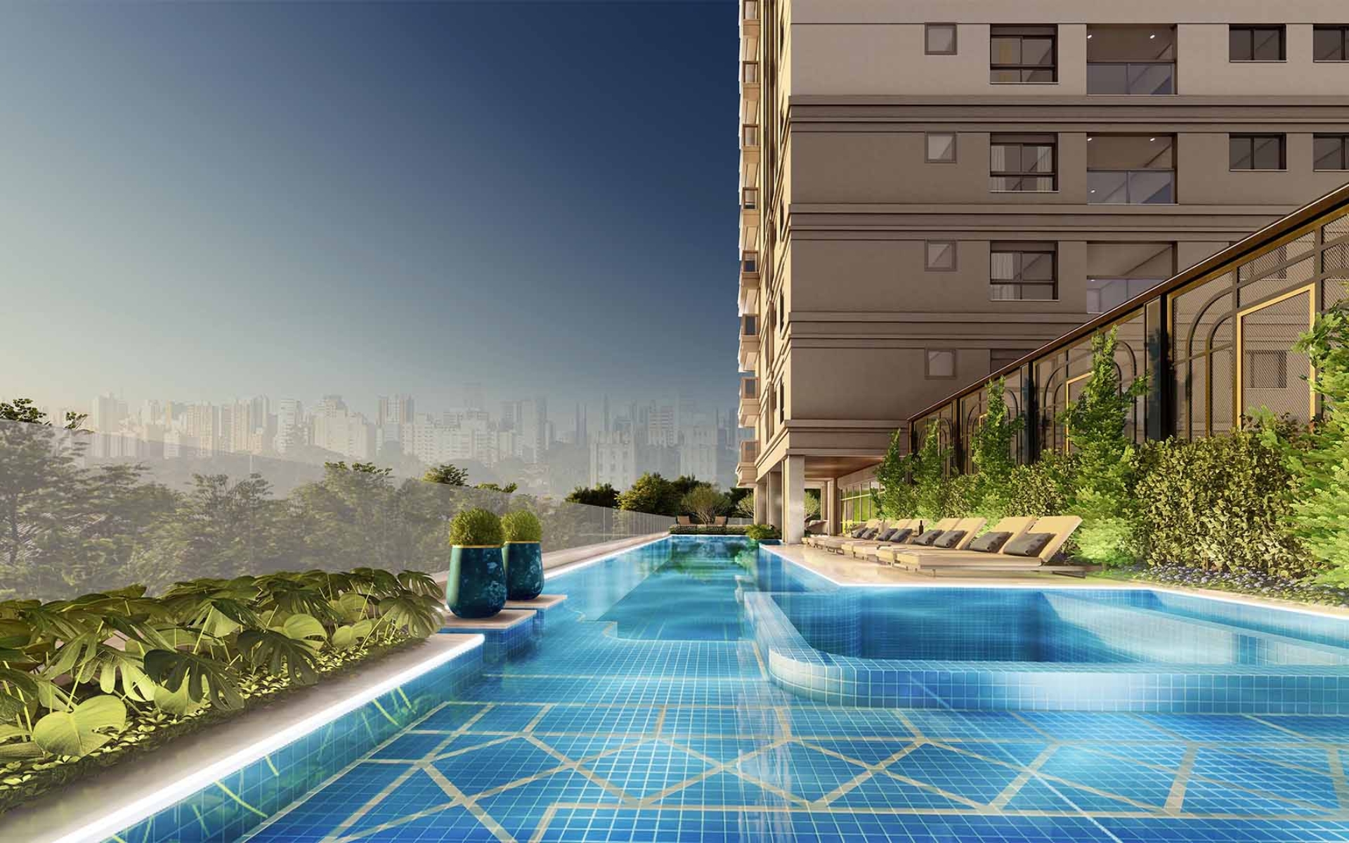 Piscina descoberta de 20m com revestimento e design exclusivo