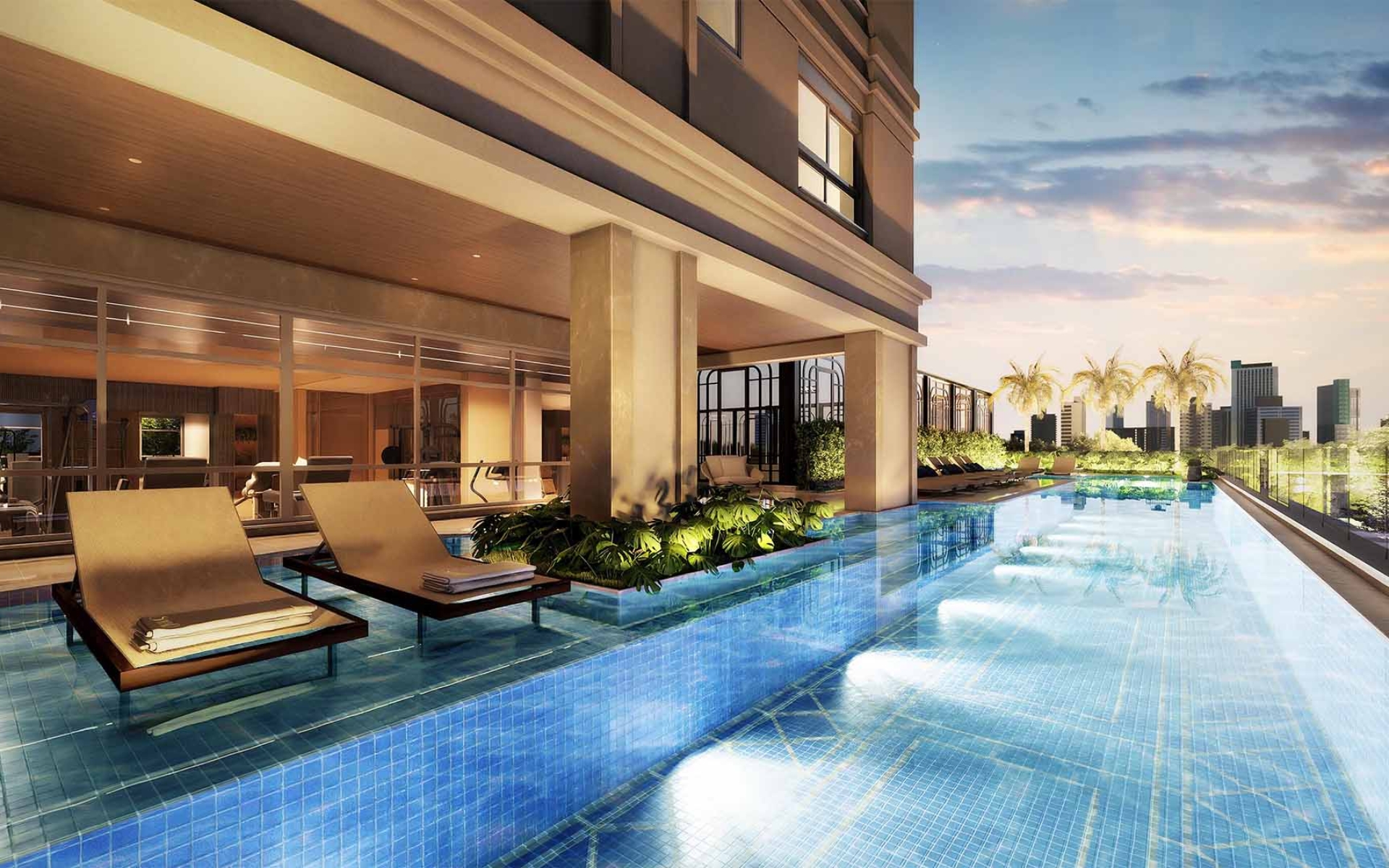 Piscina descoberta de 20m com revestimento e design exclusivo