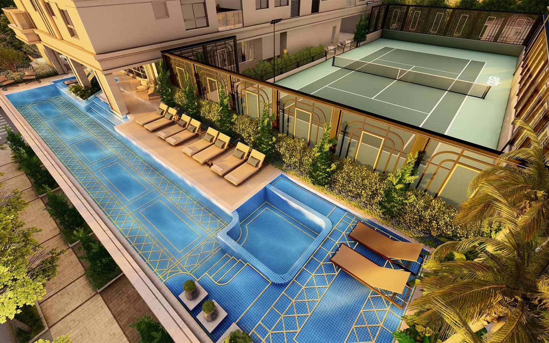 Piscina descoberta de 20m com revestimento e design exclusivo