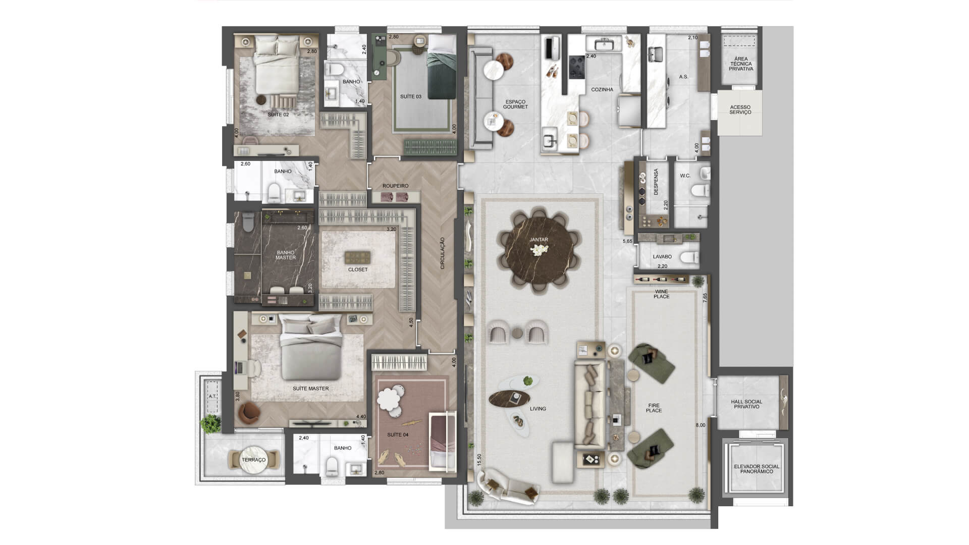 SPLEND - PLANTA 4 SUÍTES_BANHO MASTER AMPLIADO_LIVING, COZINHA E TERRAÇOS INTEGRADOS