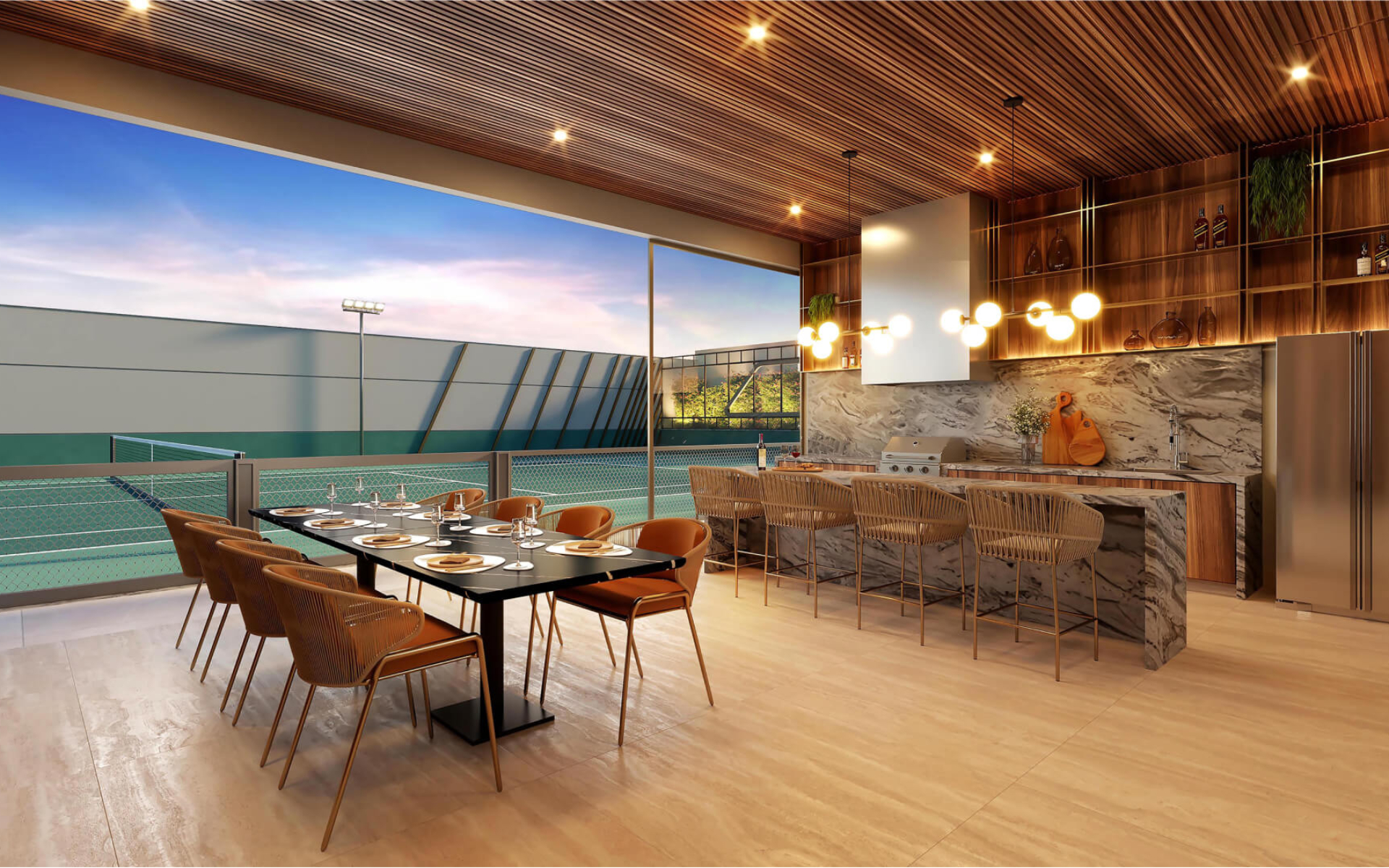 Espaço gourmet com tennis view