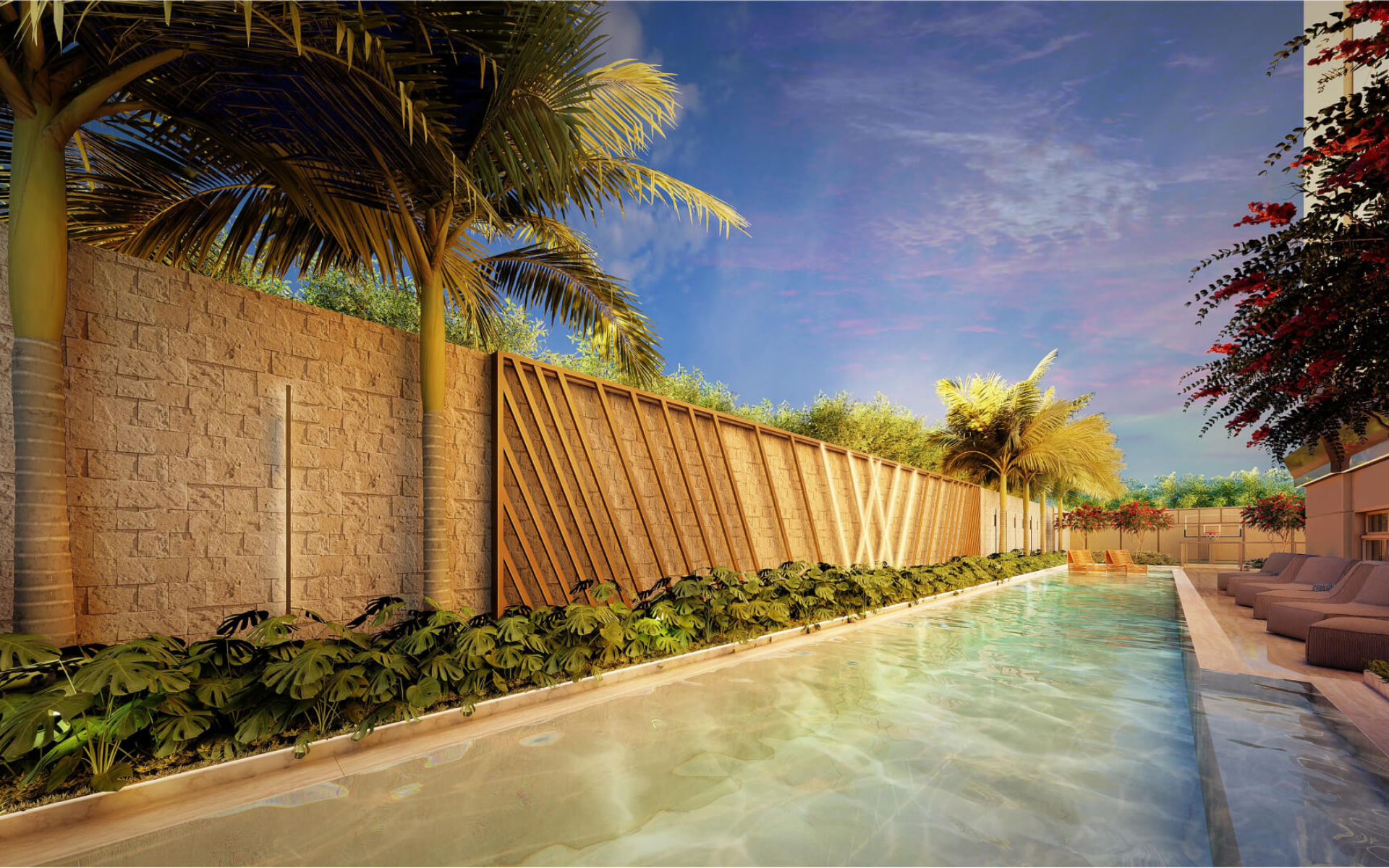 Piscina descoberta de 20m com revestimento e design exclusivo