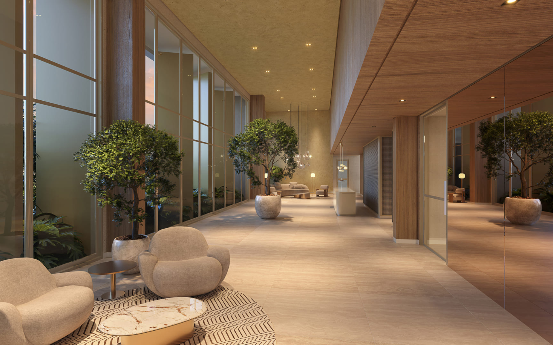 Lobby de acesso com pé direito duplo e decoração de alto padrão