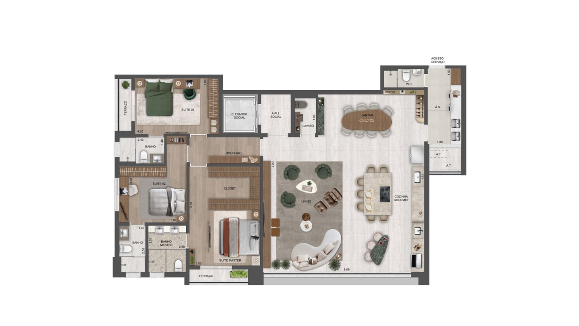 Harmonie - 185m² - 3 Suítes - Living, cozinha e terraço integrados