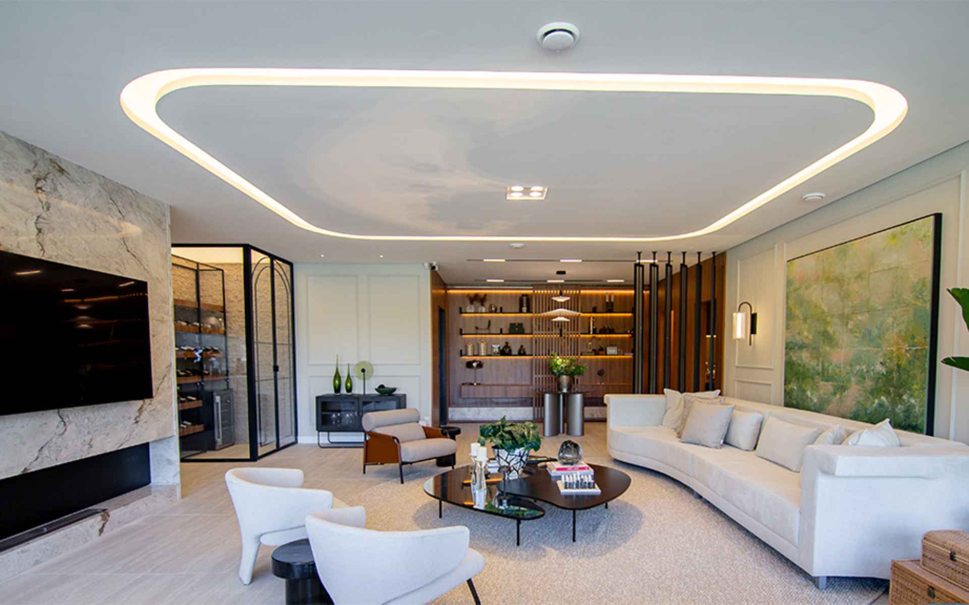 Harmonie - Living com Infraestrutura para iluminação cênica no living e no terraço panorâmico