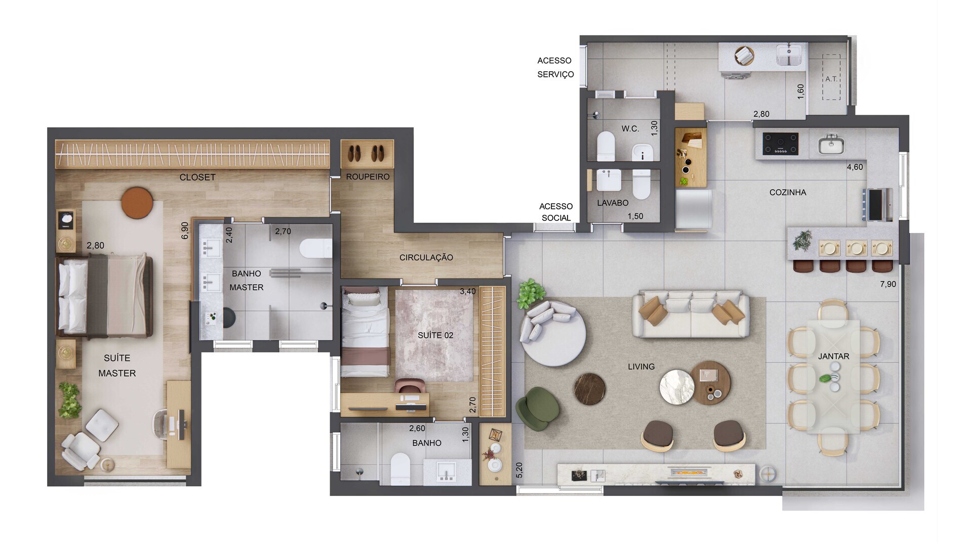 126m² - 2 Suítes - Banho master ampliado + Living, cozinha e terraço integrados. 1° ao 4° Pavto