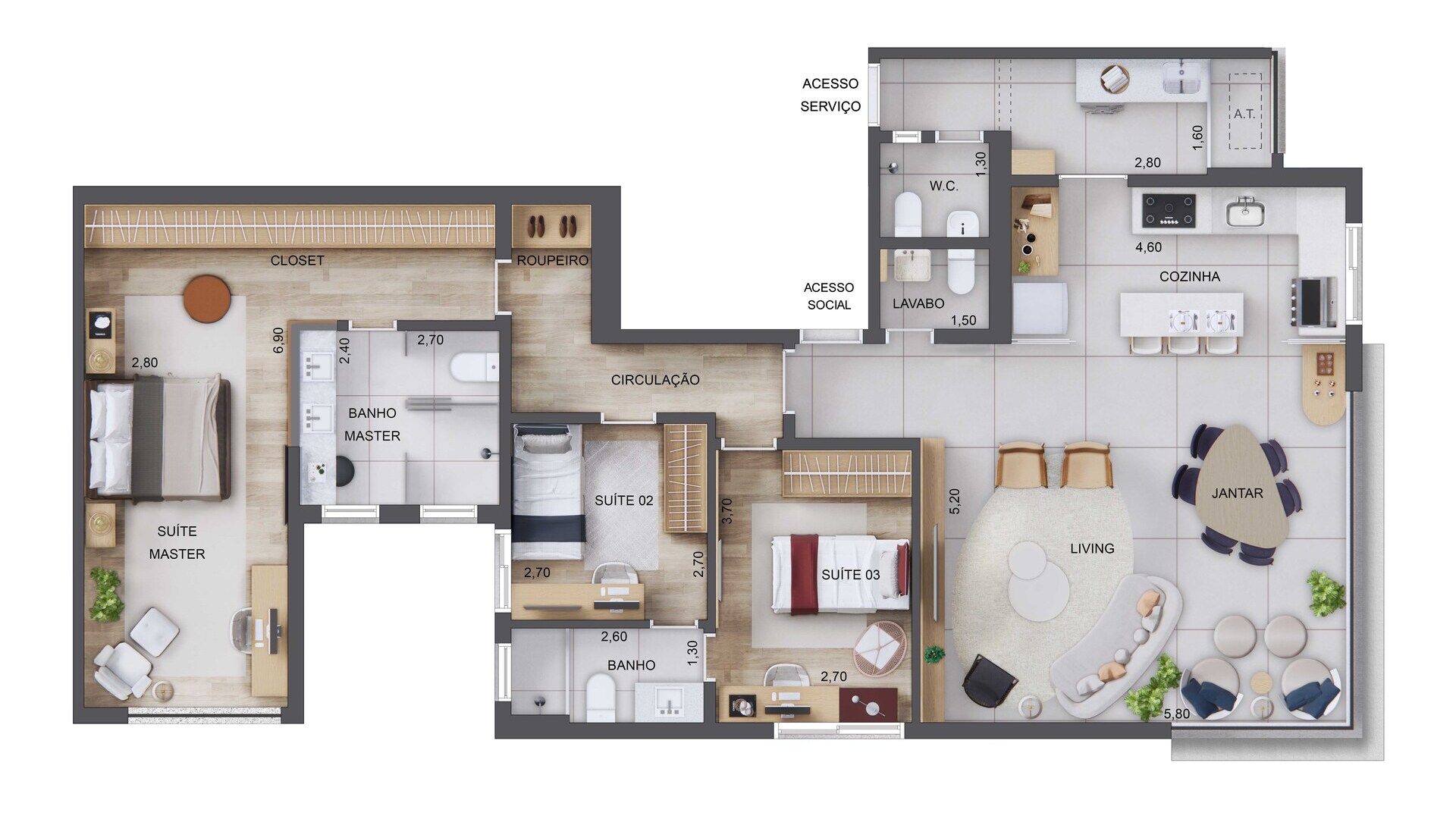 126m² - 3 Suítes - Banho master ampliado + Living, terraço e cozinha integrados. 1° ao 4° Pavto