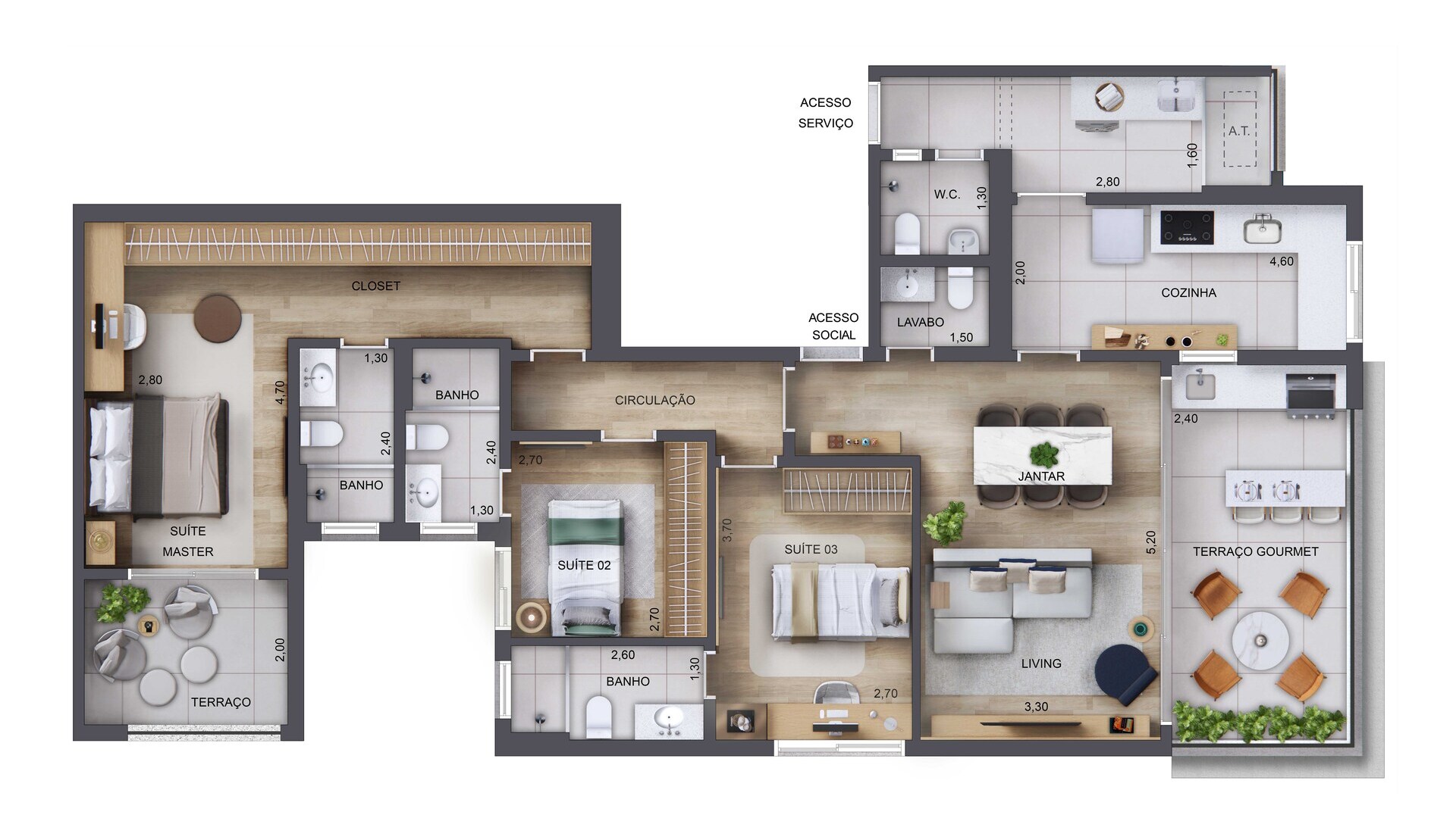 126m² - 3 Suítes. 1° ao 4° Pavto