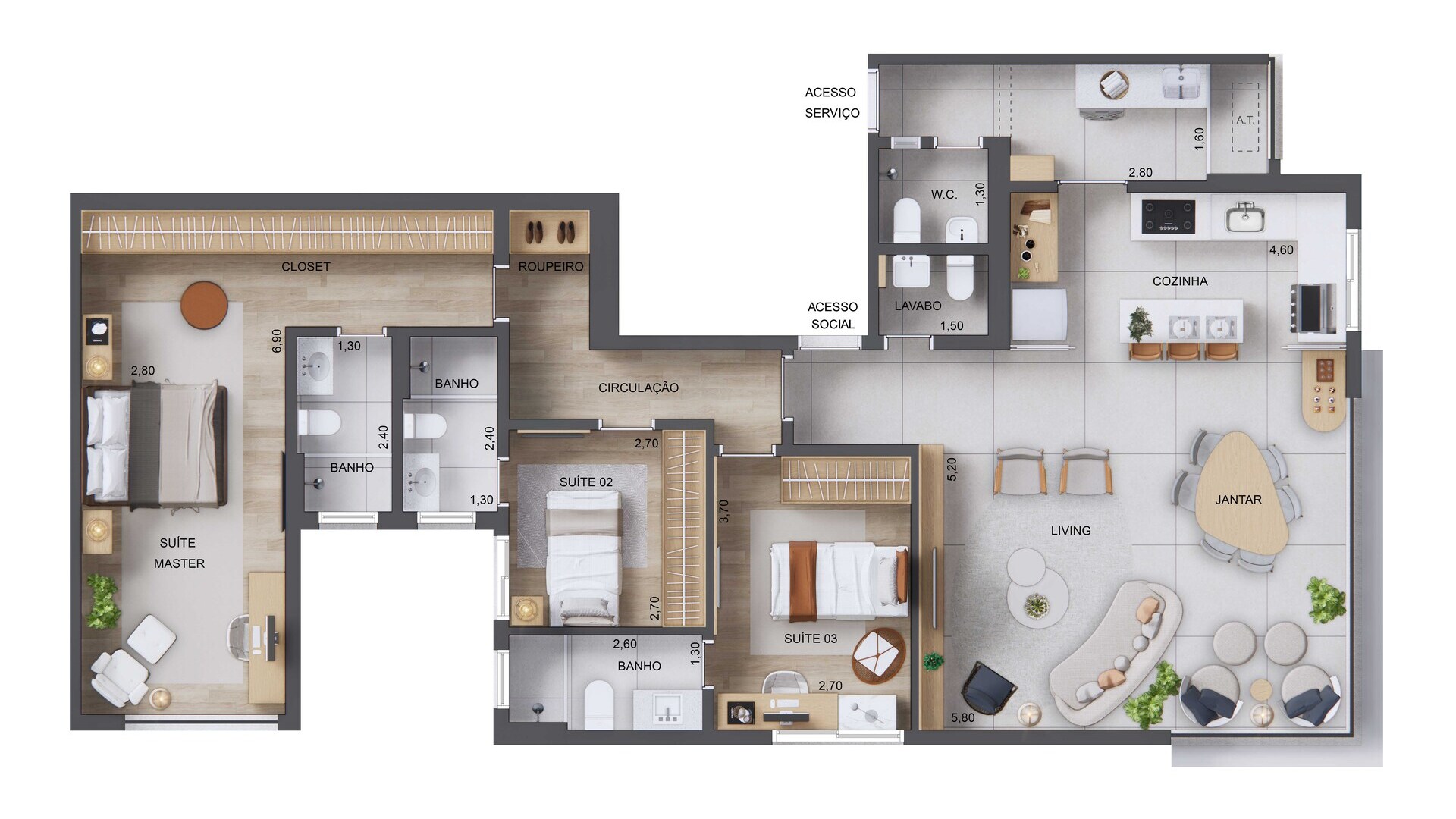 126m² - 3 Suítes - Living, terraço e cozinha integrados. 1° ao 4° Pavto