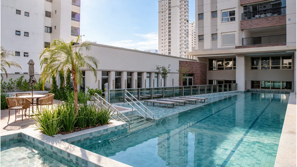 Piscina Descoberta com raias, piscina infantil e deck molhado